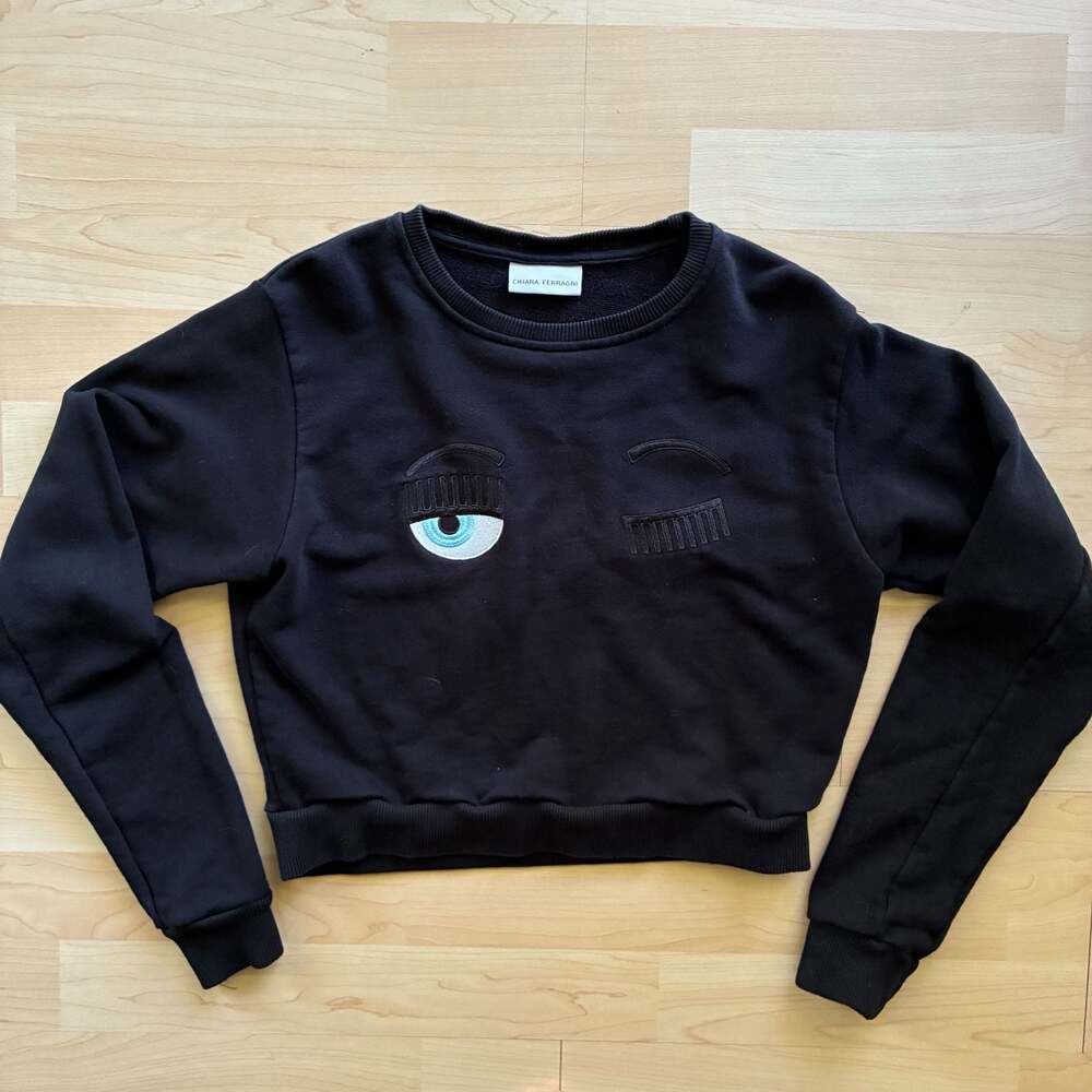 Chiara Ferragni Eyes y2k Embroidered Black Crop Sweatshirt XS